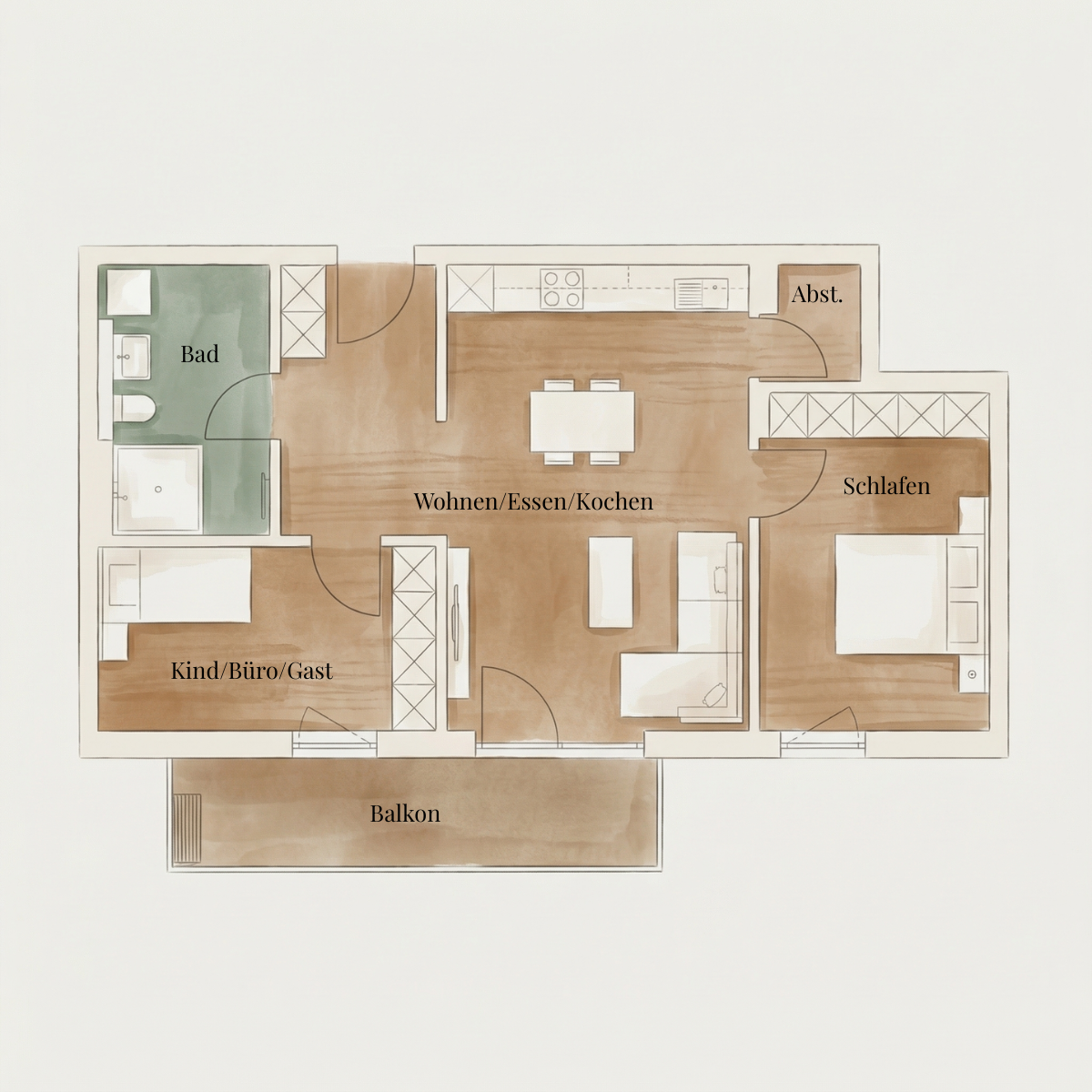 Beispiel-Grundriss 3-Zimmer-Wohnung
